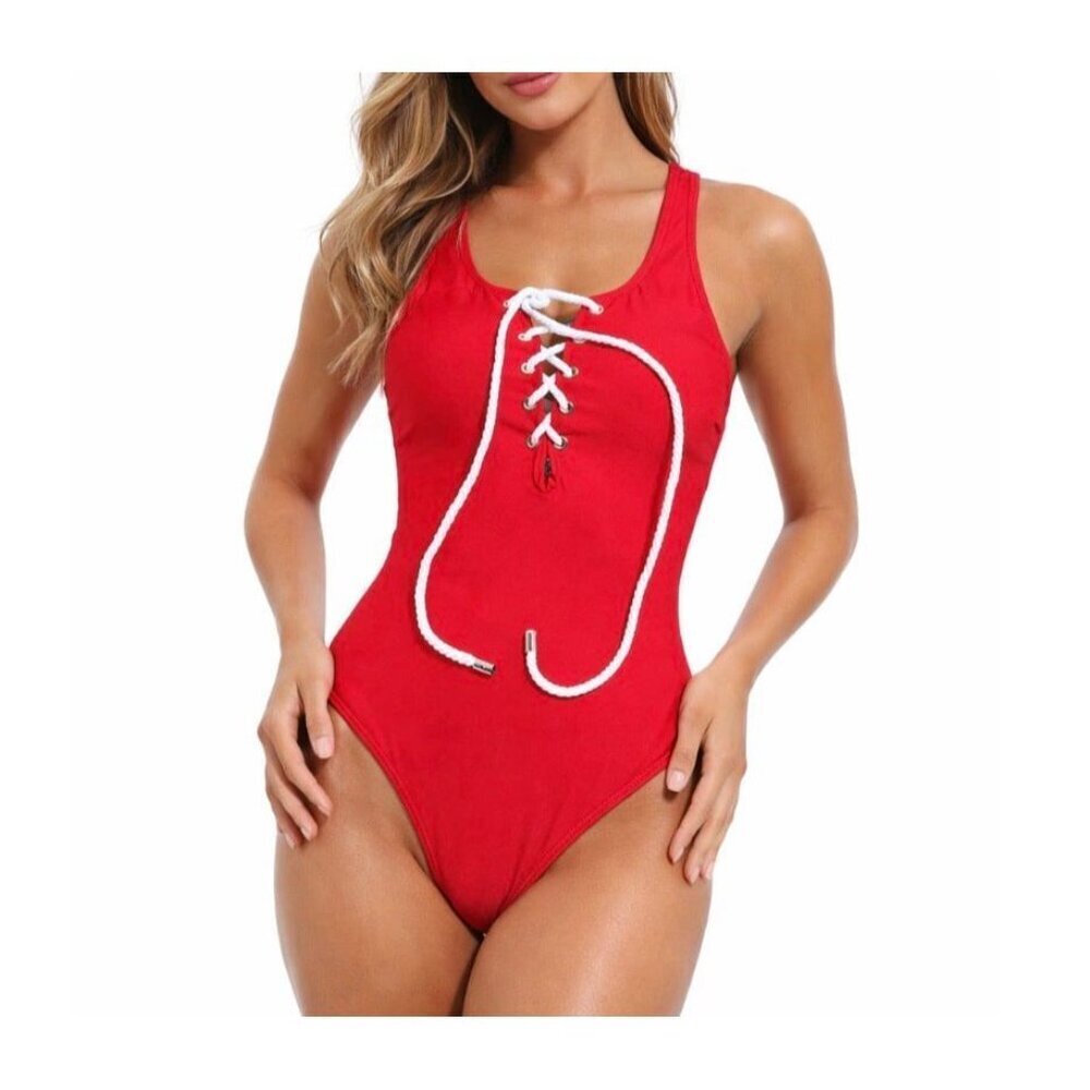 Jones New York swimsuit one piece red nautical rope tie front SZ SM bay watch